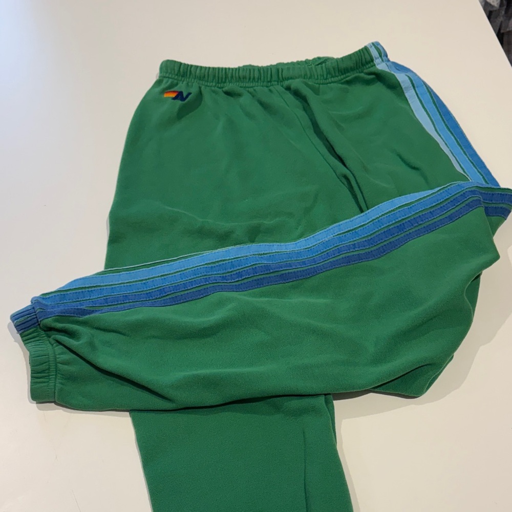 Aviator Nation Green Track Pants with Blue Stripes